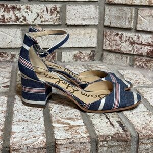 Sam Edelman Susie Block Heel Sandals in Red, White, and Blue Striped Denim